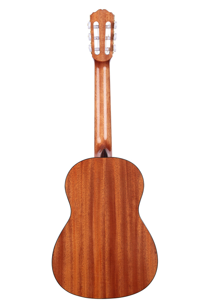 A Cedar Top Mahogany Nylon String 3/4 Size Classical Guitar shown at a back angle