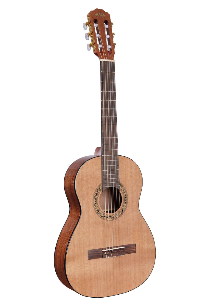 A Cedar Top Mahogany Nylon String 3/4 Size Classical Guitar shown at a right angle