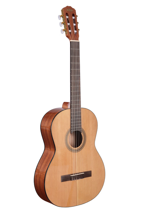 A Cedar Top Mahogany Nylon String Classical Guitar shown at a right angle