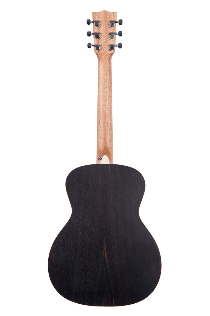 A Solid Spruce Top Ebony Orchestra Mini Guitar shown at a back angle