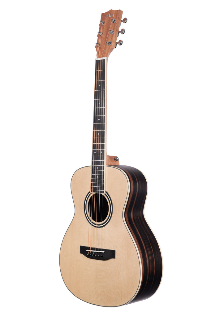 A Solid Spruce Top Ebony Orchestra Mini Guitar shown at a left angle