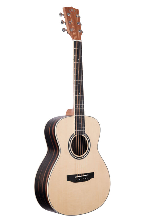 A Solid Spruce Top Ebony Orchestra Mini Guitar shown at a right angle