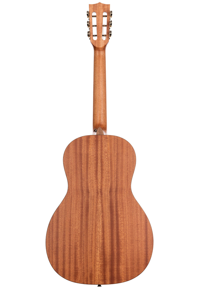 A Solid Cedar Top Parlor Guitar shown at a back angle