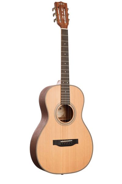 A Solid Cedar Top Parlor Guitar shown at a right angle
