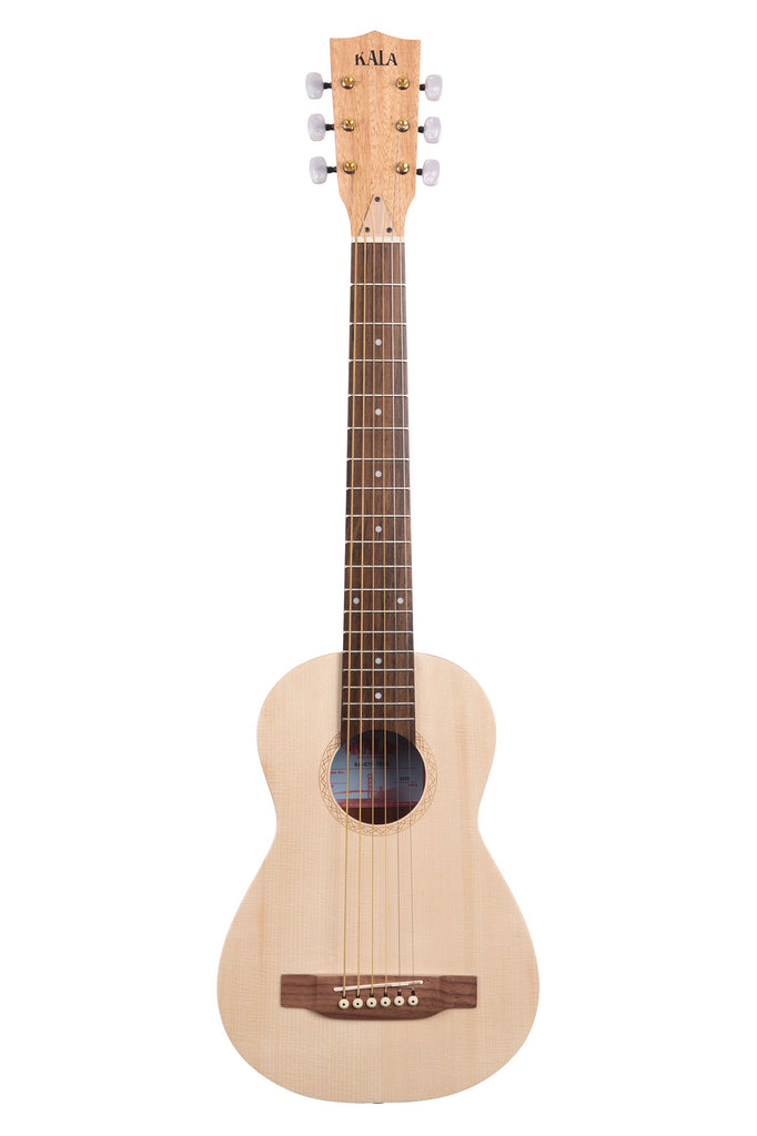 A Solid Spruce Top Travel Guitar with Steel Strings shown at a front angle