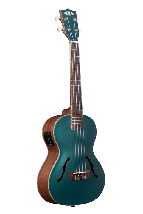 A Brooklyn Green Archtop Tenor Ukulele w/ EQ shown at a right angle