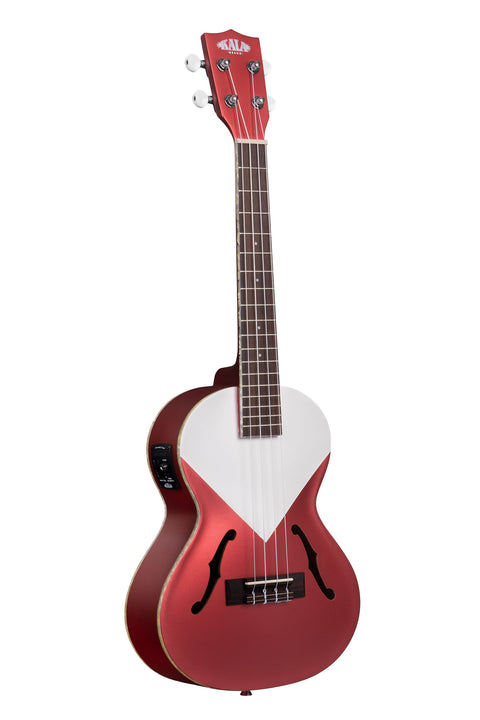 A Chicago Red Archtop Tenor Ukulele w/ EQ shown at a right angle