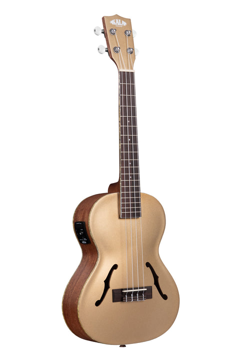 A Kalamazoo Gold Archtop Tenor Ukulele w/ EQ shown at a right angle