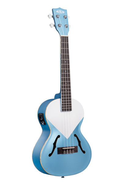 A Lake Shore Blue Archtop Tenor Ukulele w/ EQ shown at a right angle