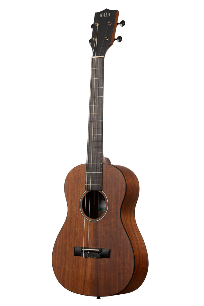 A Satin Hawaiian Koa Baritone Ukulele shown at a left angle