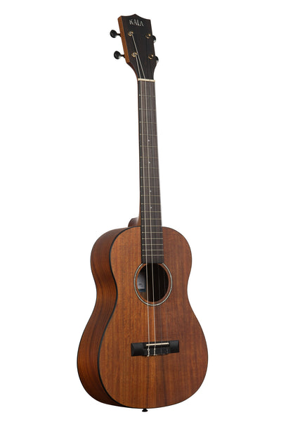 A Satin Hawaiian Koa Baritone Ukulele shown at a right angle