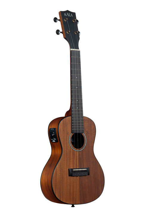 A Satin Hawaiian Koa Concert Ukulele w/ EQ shown at a right angle