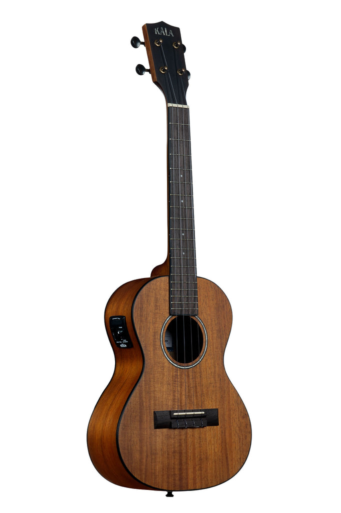A Satin Hawaiian Koa Tenor w/ EQ Ukulele shown at a right angle