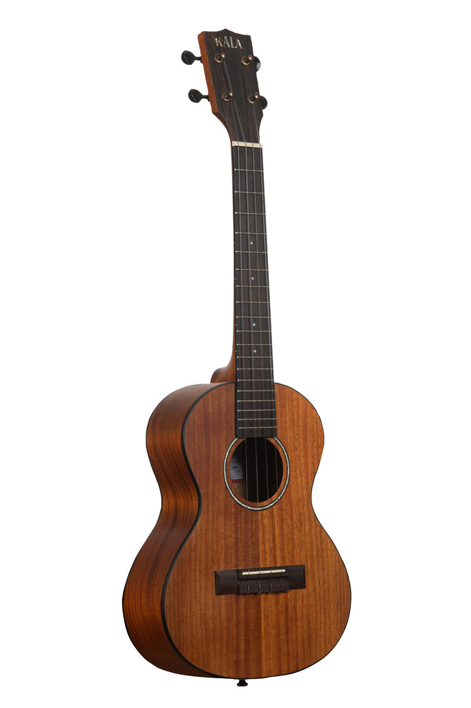A Satin Hawaiian Koa Tenor Ukulele shown at a right angle