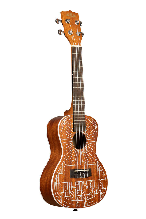 A Mandy Harvey Signature Concert Ukulele shown at a right angle