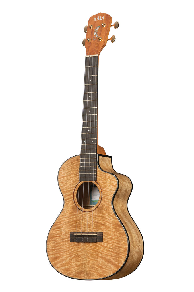 A All Solid Curly Mango Metropolitan™ Tenor Cutaway Ukulele shown at a left angle