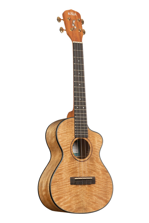 A All Solid Curly Mango Metropolitan™ Tenor Cutaway Ukulele shown at a right angle