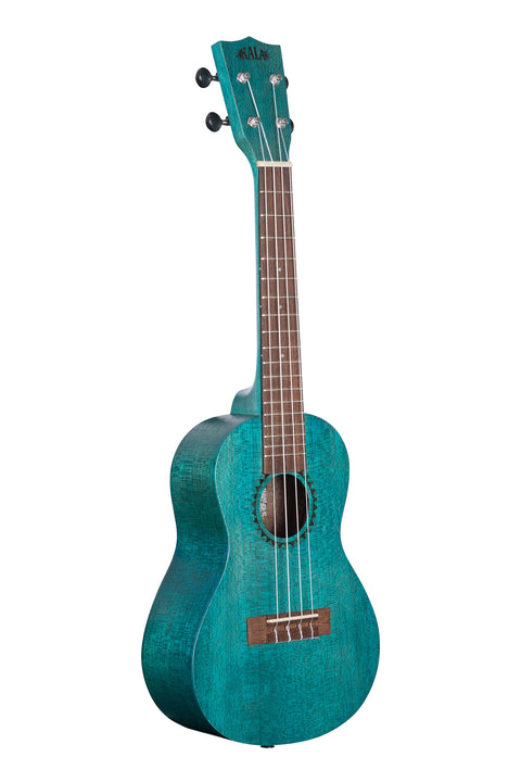 A Ocean Blue Watercolor Meranti Concert Ukulele shown at a right angle