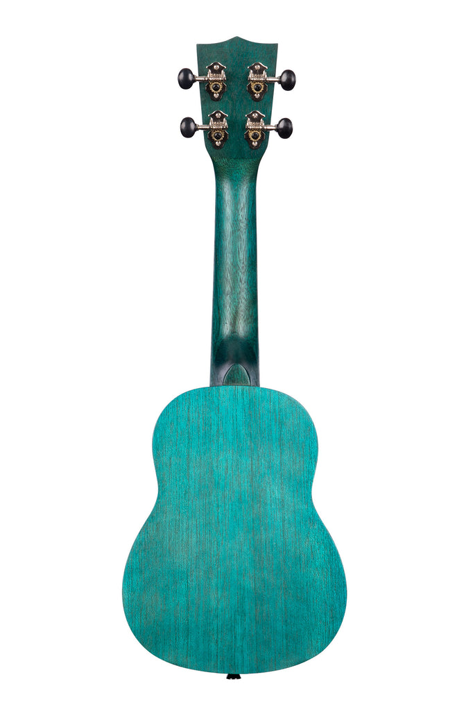 A Ocean Blue Watercolor Meranti Soprano Ukulele shown at a back angle