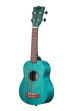 A Ocean Blue Watercolor Meranti Soprano Ukulele shown at a left angle
