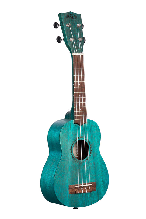 A Ocean Blue Watercolor Meranti Soprano Ukulele shown at a right angle