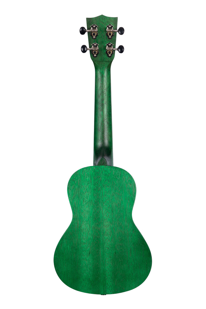 A Fern Green Watercolor Meranti Concert Ukulele shown at a back angle