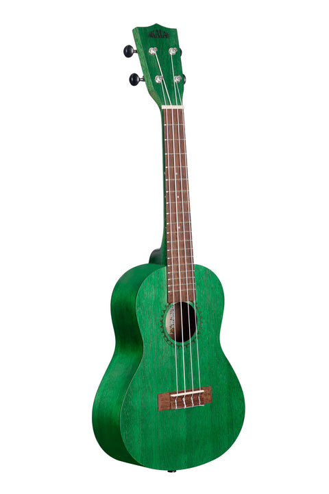 A Fern Green Watercolor Meranti Concert Ukulele shown at a right angle