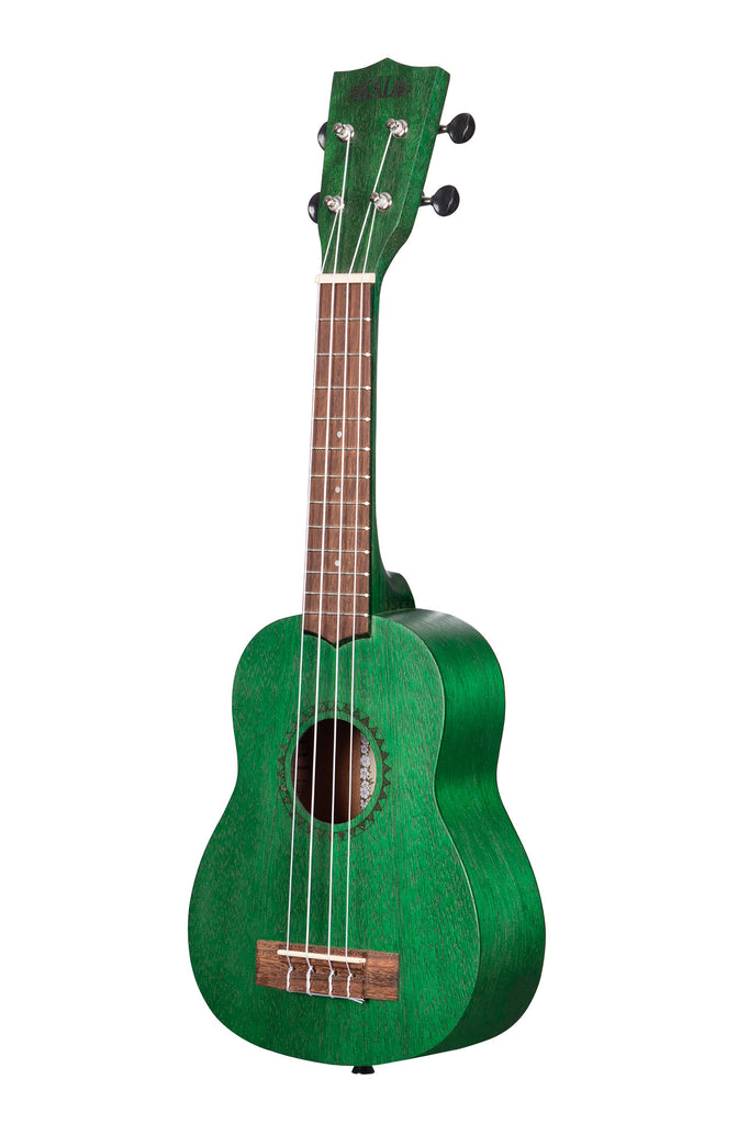 A Fern Green Watercolor Meranti Soprano Ukulele shown at a left angle