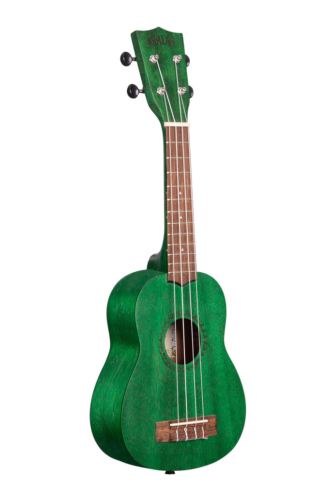 A Fern Green Watercolor Meranti Soprano Ukulele shown at a right angle