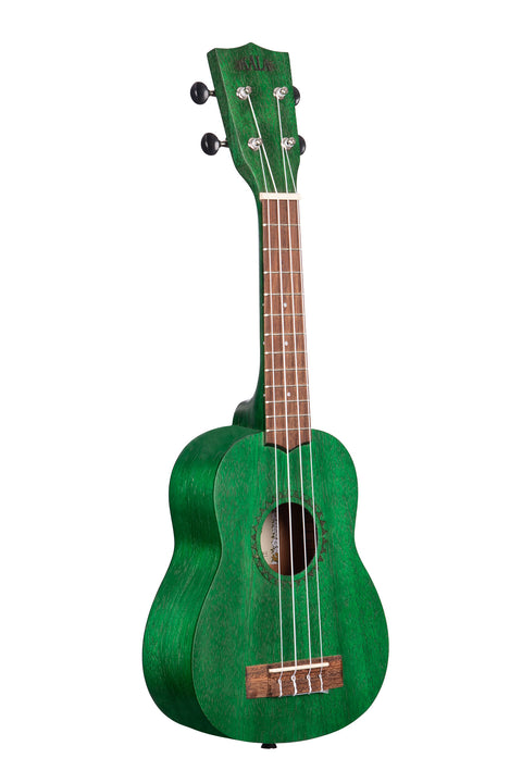 A Fern Green Watercolor Meranti Soprano Ukulele shown at a right angle