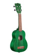 A Fern Green Watercolor Meranti Soprano Ukulele shown at a right angle