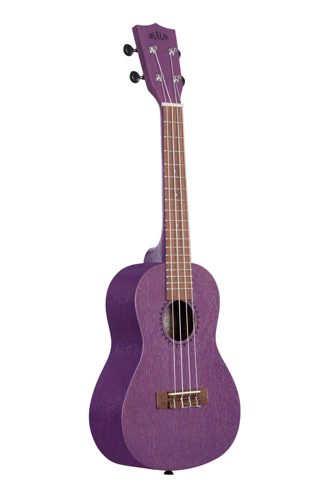 A Royal Purple Watercolor Meranti Concert Ukulele shown at a right angle