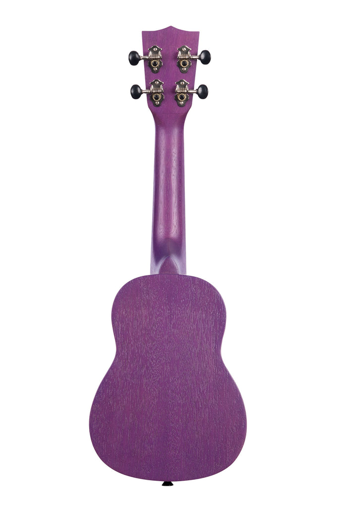 A Royal Purple Watercolor Meranti Soprano Ukulele shown at a back angle