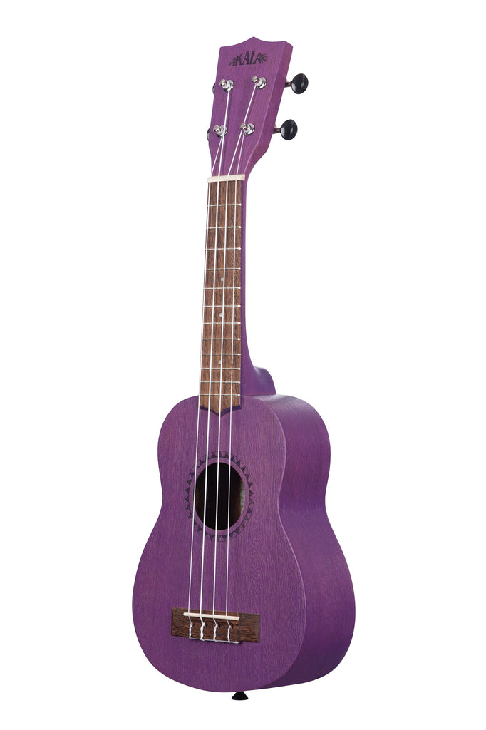 A Royal Purple Watercolor Meranti Soprano Ukulele shown at a left angle