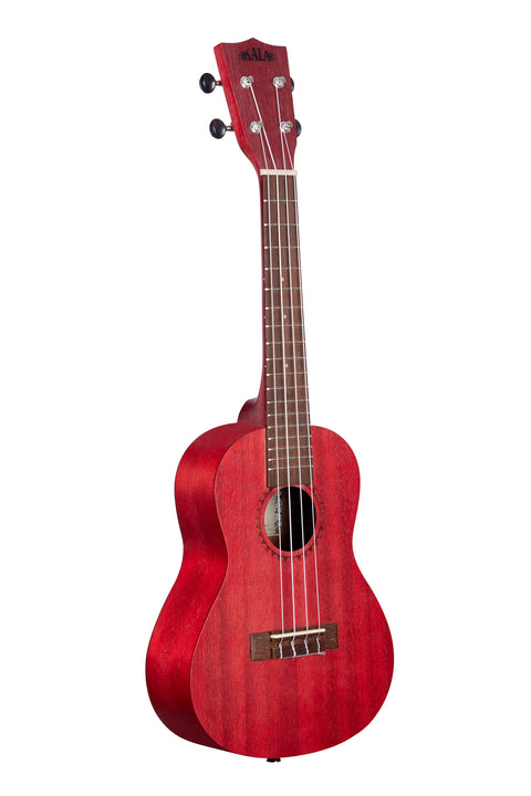 A Adobe Red Watercolor Meranti Concert Ukulele shown at a right angle