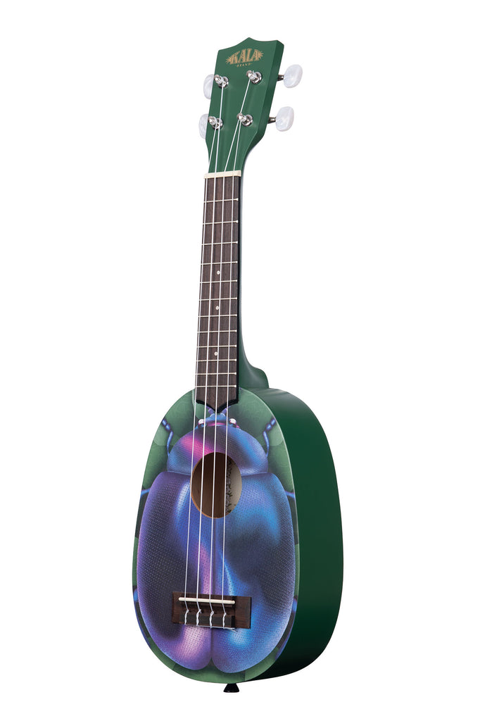 A Blue Beetle Soprano Ukulele shown at a left angle