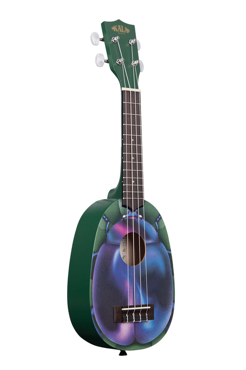 A Blue Beetle Soprano Ukulele shown at a right angle