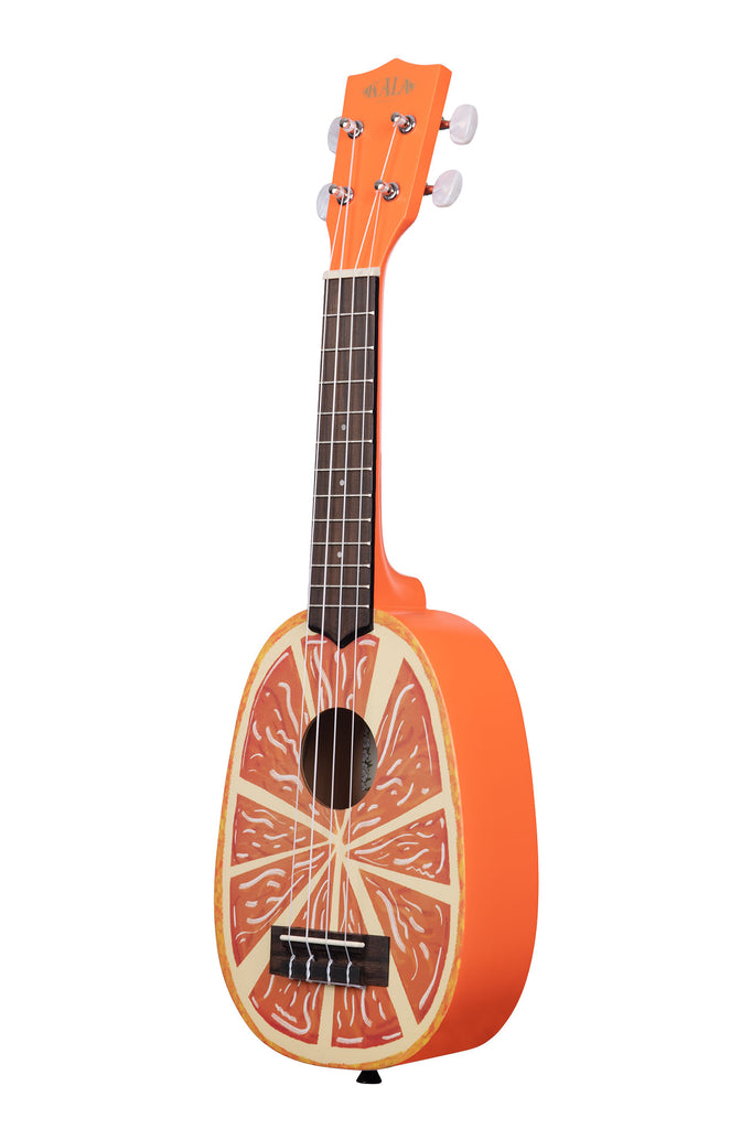 A Orange Soprano Ukulele shown at a left angle