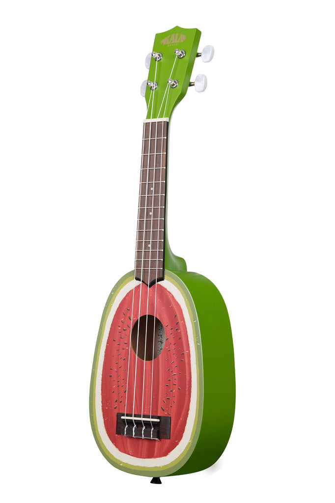 A Watermelon Soprano Ukulele shown at a left angle