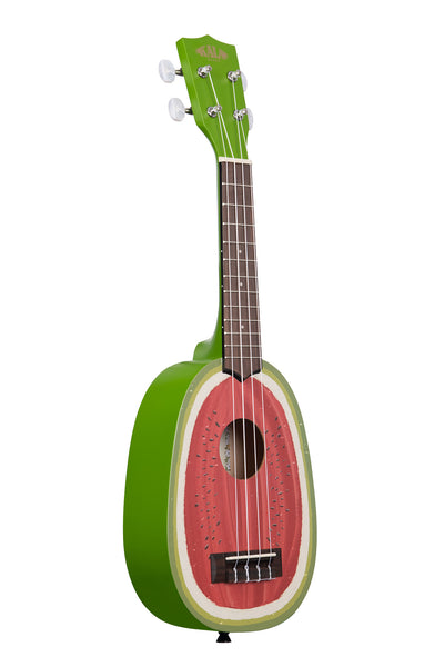 A Watermelon Soprano Ukulele shown at a right angle