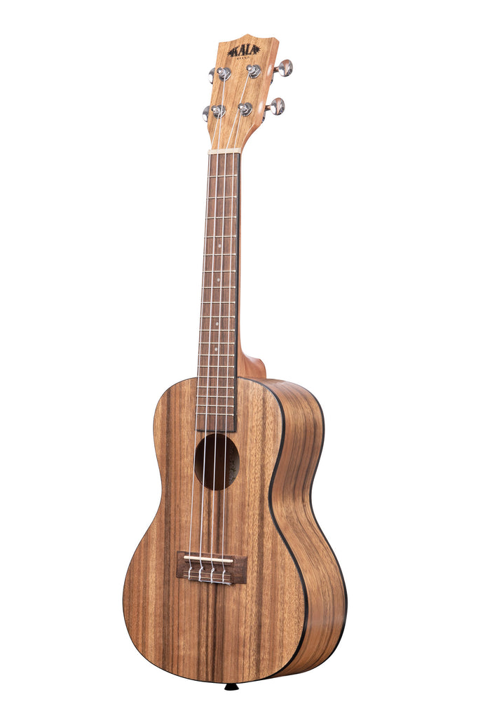 A Pacific Walnut Concert Ukulele shown at a left angle