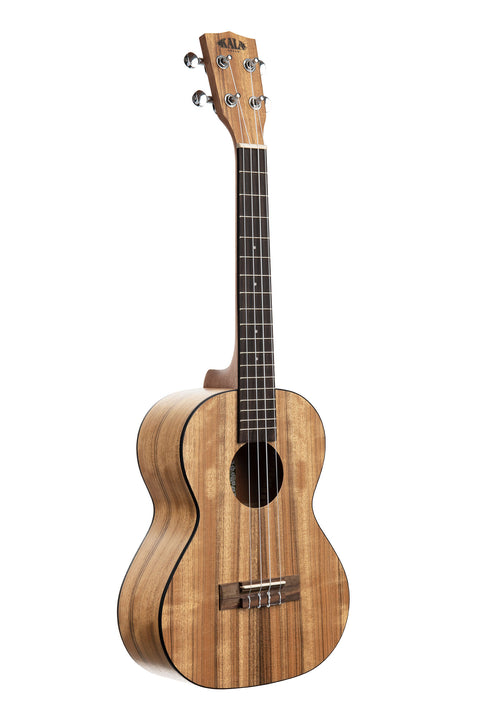 A Left-Handed Pacific Walnut Tenor Ukulele shown at a right angle