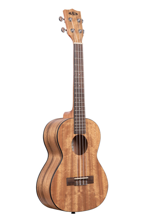 A Pacific Walnut Tenor Ukulele shown at a right angle