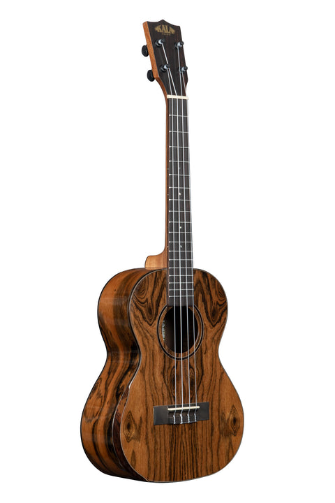 A Premier Exotic Bocote Tenor Ukulele shown at a right angle