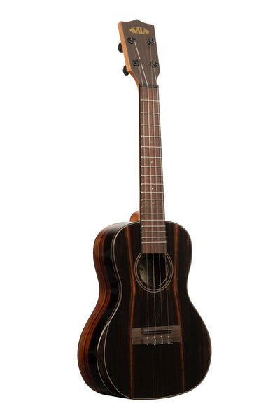A Premier Exotic Ebony Concert Ukulele shown at a right angle
