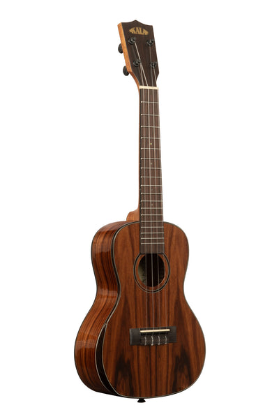 A Premier Exotic Macawood Concert Ukulele shown at a right angle