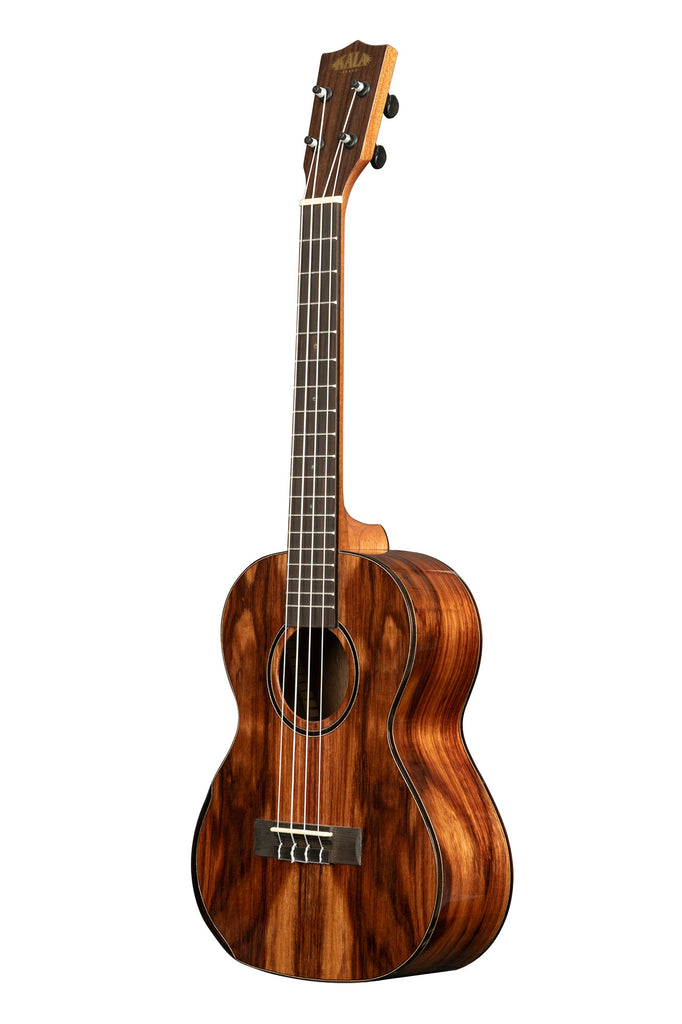 A Premier Exotic Macawood Tenor Ukulele shown at a left angle