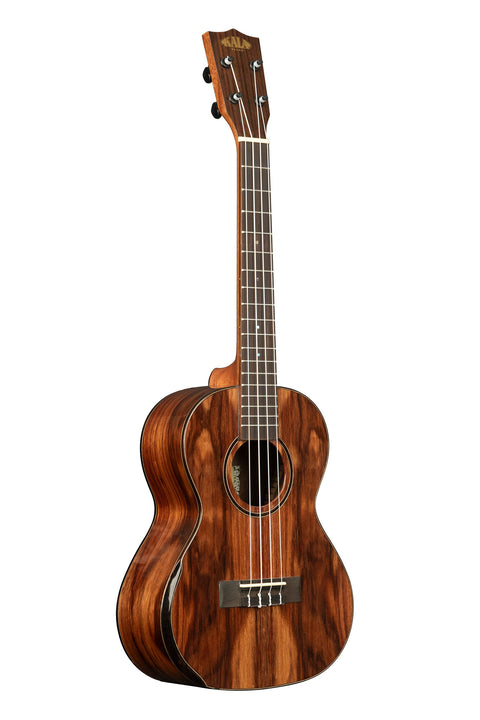 A Premier Exotic Macawood Tenor Ukulele shown at a right angle