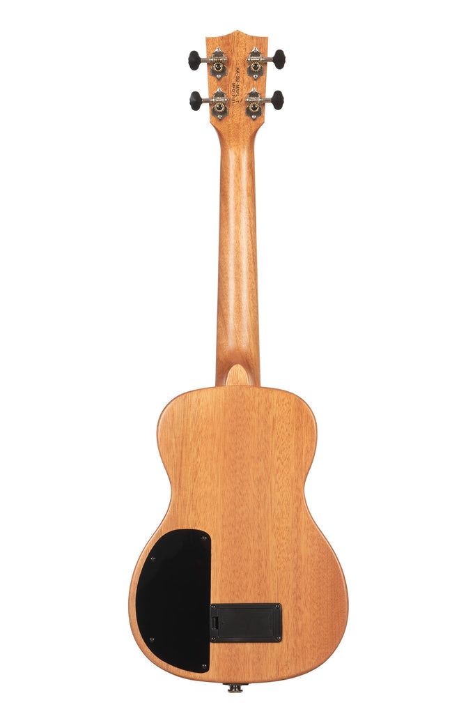 A Solid Body Electric Acacia Tenor Ukulele shown at a back angle