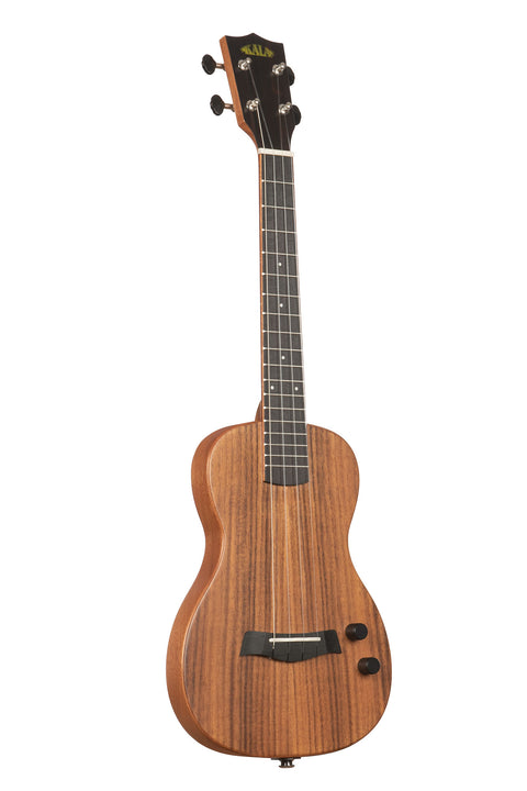 A Solid Body Electric Acacia Tenor Ukulele shown at a right angle